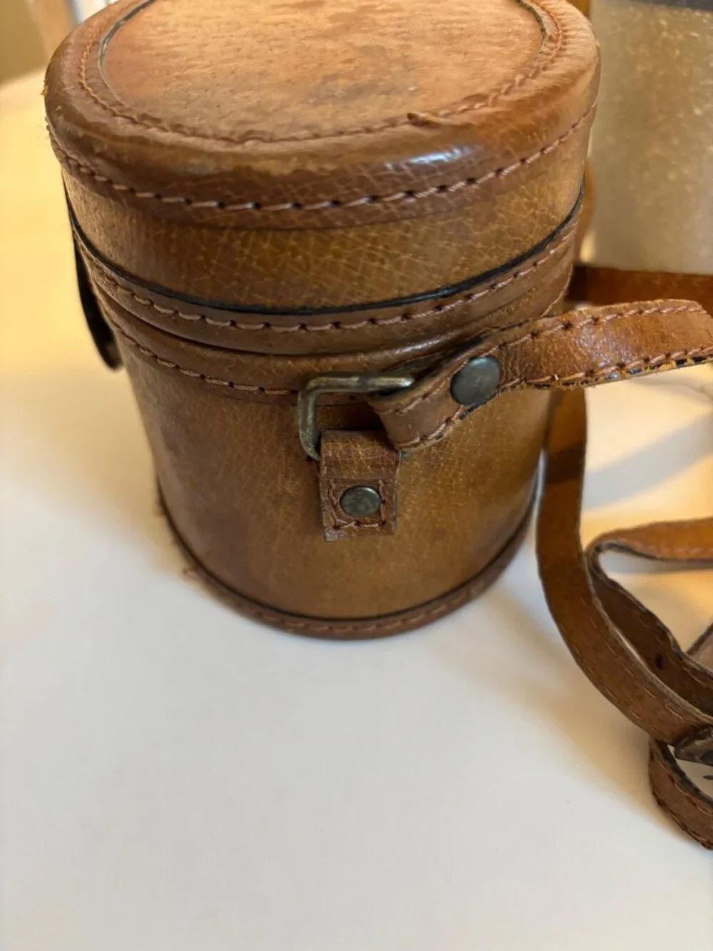 Vintage Oval Brown Leather Snap Camera Bag Long Leather Strap